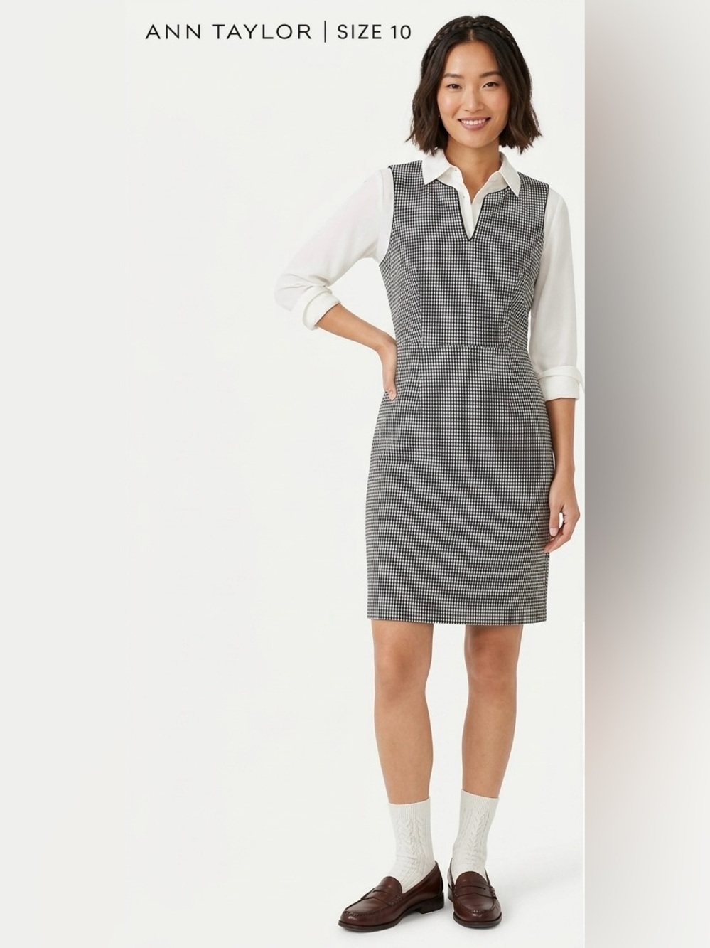 Ann Taylor $149 P2P 18-19” W 16”Split Neck Plaid Jacquard Sheath Dress 10 - Picture 1 of 9